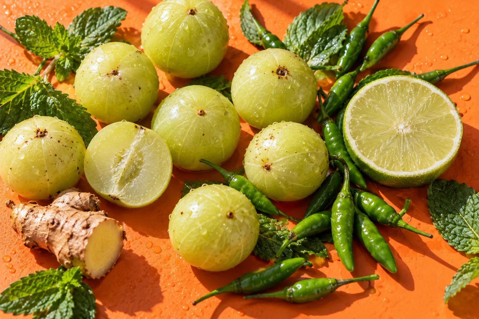 Indian gooseberries, chillies, lime and mint on papaya orange