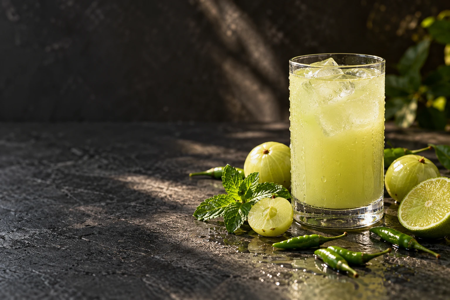 A chilled glass of gooseberry and chilli drink with lime